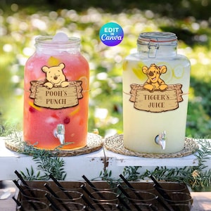 Etichette modificabili per bevande a tema Winnie-the-Pooh per feste di compleanno e baby shower, modelli Canva, etichetta per feste del Bosco dei Cento Acri