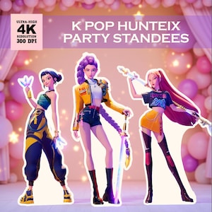 May include: Three stylized K-Pop standees featuring female characters in colourful outfits. The standees are holding decorative items. The text "K POP HUNTEIX PARTY STANDEES" is displayed at the top. The image also includes "ULTRA-HIGH 4K RESOLUTION 300 DPI".