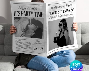 Canva 21 Birthday Party Invite Newspaper Template, Customize Newspaper Birthday, Large Newspaper Template, Birthday Newspaper For Photoshoot