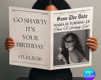 Birthday Party Invite Newspaper Canva Template, Editable Newspaper Birthday, Go Shawty it's your Birthday Newspaper For Photography