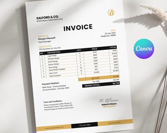 Plantilla de factura editable: Diseño profesional A4 para Canva (descarga digital)