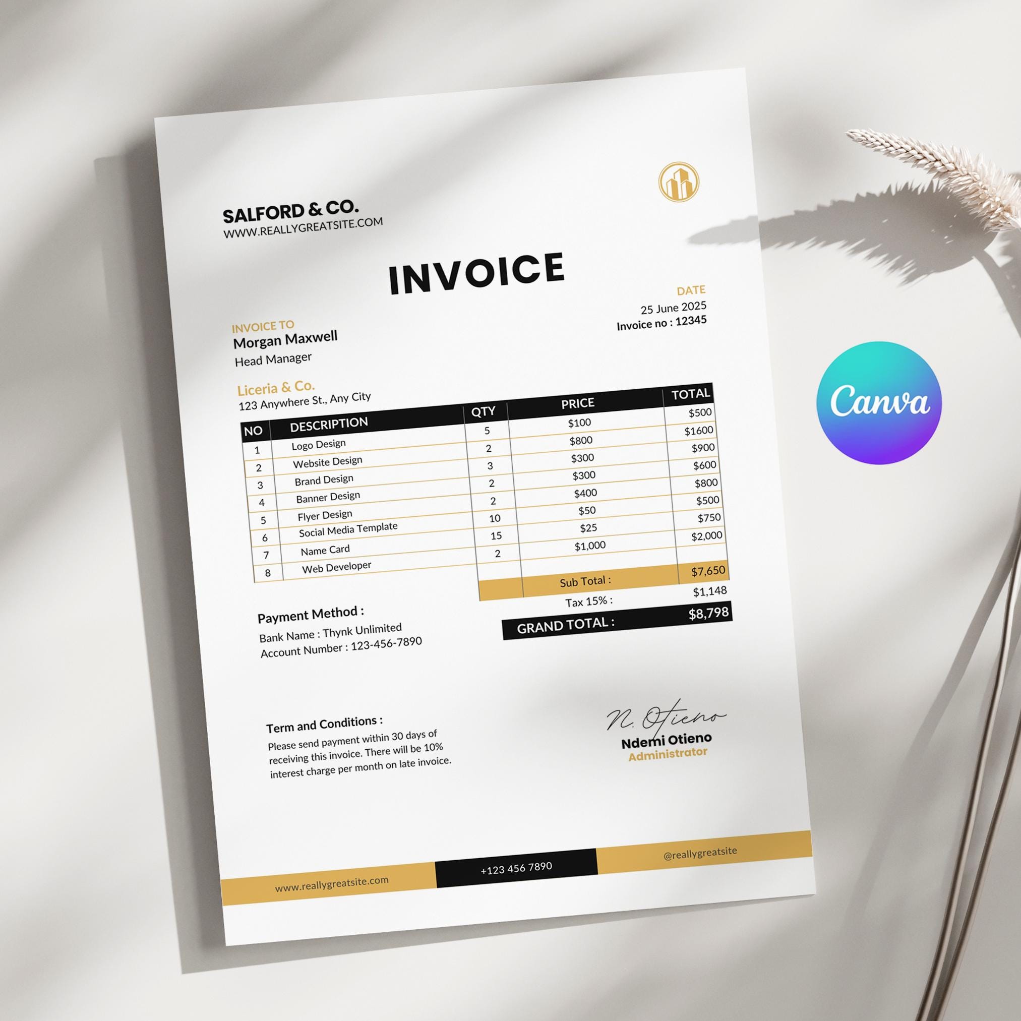 Editable Blank Invoice Template for Small Business Canva, Professional Business Invoice, Editable Blank Invoice, Printable Order Form