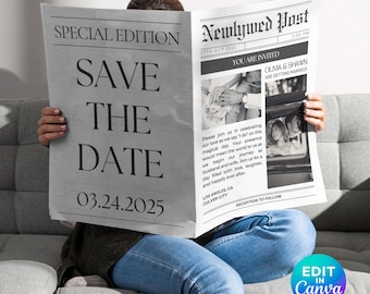 Editable Save the Date Newspaper Template, Wedding Announcement, Design Printable Engagement Notice Wedding Photoshoot Canva