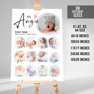 Carte de signe d'anniversaire de 1ère année de bébé, modèle d'affiche imprimable de première année de bébé, panneau d'étape de 1er anniversaire, signe de collage de photo