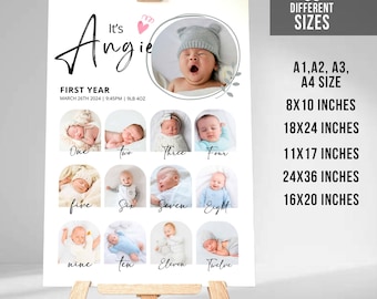 Peut inclure: A personalized poster for a baby named "Angie", featuring twelve photos from the first year. The poster includes the birth date, time, and weight. Available sizes: A1, A2, A3, A4, and 20x25 cm, 45x61 cm, 28x43 cm, 61x91 cm, 40x51 cm.