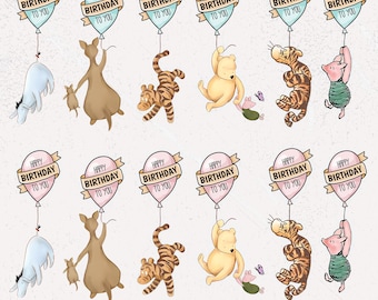 Birthday Classic Winnie the Pooh Clipart, 14 PNG Bundle, Baby Shower Birthday Decorations