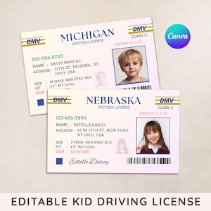 Permis de conduire personnalisé pour enfants, accessoire pour carte d'identité pour enfant, carte d'identité d'étudiant Canva, badge d'identification pour enfants