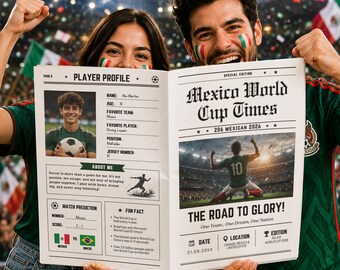 Mexico World Cup 2026 Newspaper Template, editable match-day newspaper, Mexico Soccer Canva Template