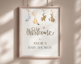 Klassiek Winnie-de-Pooh-welkomstbord voor babyshowers. Bewegwijzering klassieke canvassjabloon Pooh Bear. Vintage aquarel dieren. Bosrijk