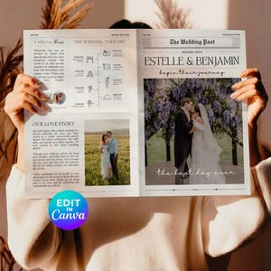 Hochzeitszeitungsvorlage Druckbarer gefalteter Reiseplan & Infografik Canva Bearbeitbarer Hochzeitstag Programm für Brautpaar-Zeremonie-Zeitplan