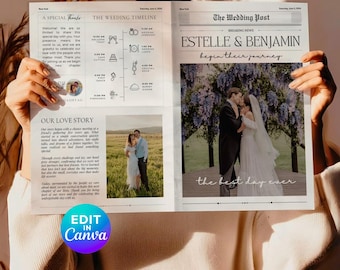Wedding Newspaper Template Printable Folded Itinerary & Infographic Canva Editable Wedding Day Program for Newlyweds Ceremony Schedule