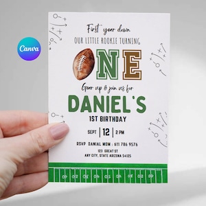 Premier modèle d'Invitation de fête d'anniversaire de football pour bébé, premier anniversaire de naissance, 1er anniversaire à thème sportif, invitation numérique modifiable