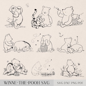 Winnie-the-Pooh Outline retro SVG, Baby Shower Birthday Decorations, Canva Templates, Instant Digital Download, Wood Party Label