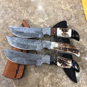 Handmade Knife Skinner Hutning Knife 9” Damascus Steel Survival Knife with Stag Horn, Wood & Black Handle with Leather Sheath - Gift for Him