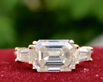 Emerald Cut Lab-Grown Diamond Three Stone Ring, Yellow Gold Tapered Baguette Bridal Jewelry