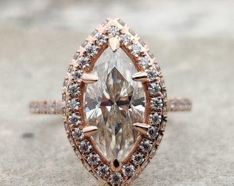 Marquise in het lab gekweekte diamanten verlovingsring, 14K roségouden halo bruidsset