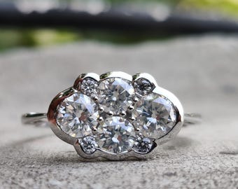 Lab-Grown Diamond Cluster Ring, Scalloped Halo Engagement, 14K White Gold Heirloom Style