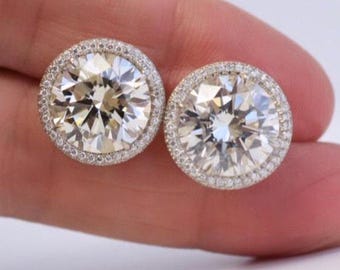 Round Halo Lab Grown Diamond Earrings, 14K Gold Halo Studs, Bridal Wedding Jewelry