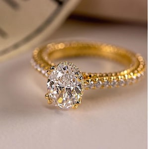 2.00 Carat Oval Lab Diamond Engagement Ring: 14K Yellow Gold Hidden Halo