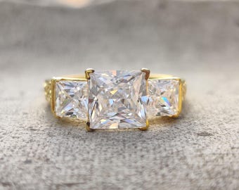 3 CT Princess Cut Lab Diamond Engagement Ring, 14K Gold Trilogy Band, IGI Certified