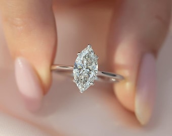 Marquise Cut Solitaire Engagement Ring, 14K White Gold, Lab-Grown Diamond Wedding Ring