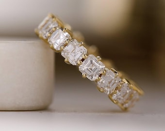 Asscher Cut Lab Grown Diamond Eternity Band, 14kt Gold Emerald Wedding Ring