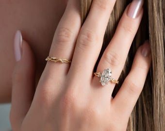 Nature Inspired Marquise Lab Diamond Engagement Ring, 14K Yellow Gold Leaf Branch Wedding Ring