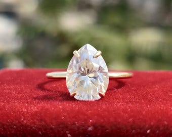 Pear Cut Lab Grown Diamond Engagement Ring, 14K Gold Solitaire Wedding Ring