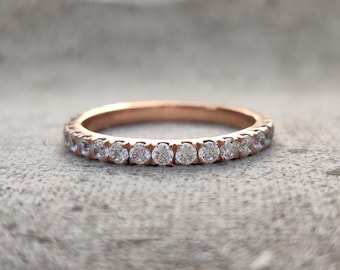 14k Rose Gold Full Eternity Diamond Wedding Band, Thin Pave Stacking Ring