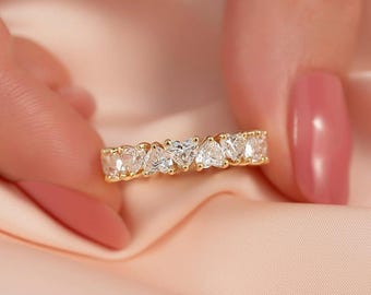 14K Yellow Gold Heart Shaped Lab Diamond Eternity Band, Wedding Anniversary Ring