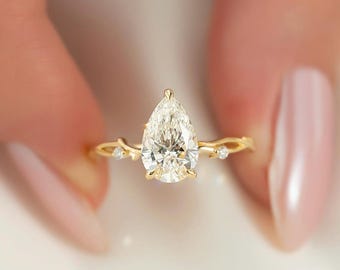 Anillo de compromiso con diamante sintético talla pera, anillo de oro de 14 quilates con diseño de rama de vid, regalo de aniversario.