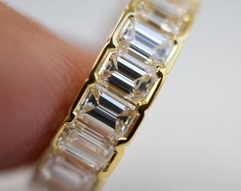 Emerald Cut Half Bezel Set Lab Grown Diamond Band, Channel Set Diamond Wedding Band in 14KT Yellow Gold, Gift For Wife, Girlfriend