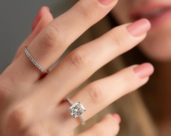 Cushion Cut Engagement Ring, 2CT Lab-Grown Diamond, 14K White Gold Pave Band
