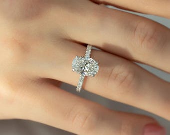 Oval Cut Lab Grown Diamond Engagement Ring, 14k White Gold Pavé Wedding Ring
