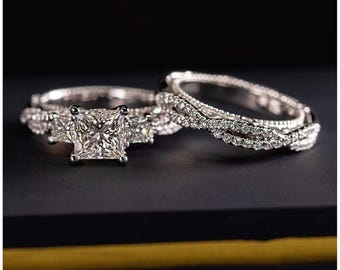 Labradorit Diamant Verlobungsring Ring Set: 14K Weißgold Ring