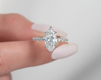 Hidden Halo Marquise Cut Engagement Ring, 14K White Gold Pave Diamond Band, Lab-Grown Bridal Ring