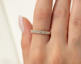 Emerald Cut Lab Diamond Eternity Band, 14K Yellow Gold Wedding Ring, Art Deco Anniversary