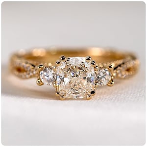 IGI Certified Cushion Cut Lab-Grown Diamond Three Stone 18KT Yellow Gold Engagement Ring
