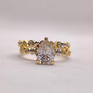 Pear Cut Lab Grown Diamond Engagement Ring Set: Gold Wedding Band