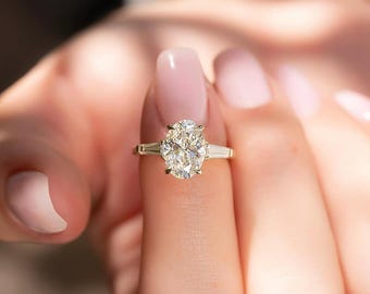 Oval Cut Lab Grown Diamond Three Stone Ring, 14k Yellow Gold Engagement Ring, IGI Certified