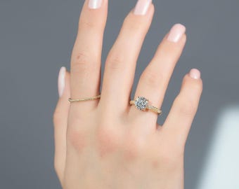 Round Cut Lab Grown Diamond Engagement Ring Set, Bridal Ring with Eternity Band 14KT Yellow Gold, Wedding Ring Set for Women Stacking Set