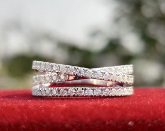 Criss Cross Pave Ring, Lab-Grown Diamond X Band, Triple Row Wedding Band