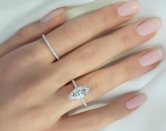 Marquise Cut Lab Grown Diamond Engagement Ring, 14K White Gold Pave Band, Certified Ring