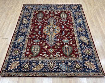 Alfombra oriental roja de 8 x 10 pulgadas, anudada a mano, para dormitorio, sala de estar, de lana con tintes vegetales, con diseño floral, para oficina y tribal.