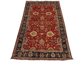 5x8 Red Blue Oriental Area Rug, Hand Knotted Rug, Bedroom Rug, Tribal Rug, Veg Dye Wool, Oriental Rug, Floral Rug, Living Room Rug, Tree Rug