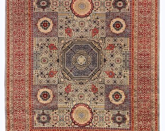 Alfombra mameluca fina de 2,4 x 3 m, color rojo y verde, tradicional anudada a mano, oriental, de alta calidad, con medallón turco.