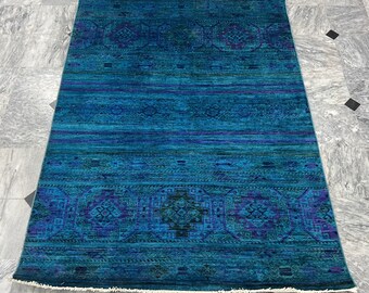 5x7 Blue Striped Khorjin Area Rug, Hand Knotted Rug, Bedroom Rug, Tribal Rug, Veg Dye Wool, Blue Rug, Striped Afghan Rug, Living Room Rug