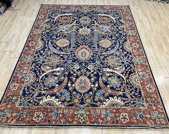 Alfombra Serapi azul de 23 x 30 cm, anudada a mano, para dormitorio, sala de estar, de lana con tintes vegetales, de hoja de hoz, para oficina, oriental