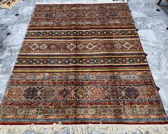 6x8 Striped Tribal Khorjin Area Rug, Hand Knotted Rug, Bedroom Rug, Tribal Rug, Veg Dye Wool, Oriental Rug, Striped Rug, Living Room Rug