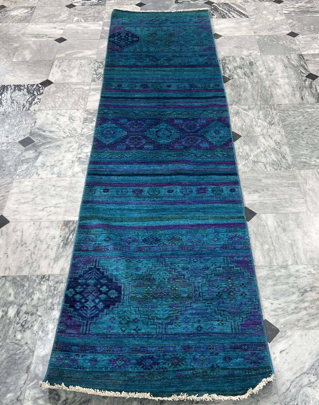 10 Ft Blue Striped Khorjin Runner Rug, Afghan Hand Knotted, Veg Dyes ...